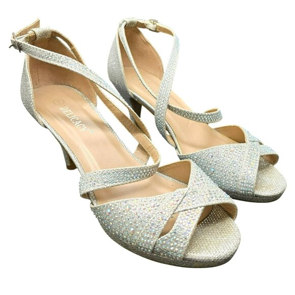 Womens Heels Silver Glitter Rhinestone Strappy Open Toe Delicacy Size 7 JJ4016 - Picture 2 of 9